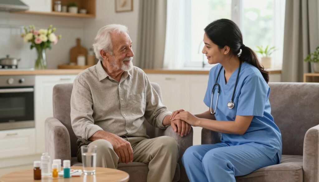 Professional caregiver assisting elderly patient at home in Gurgaon