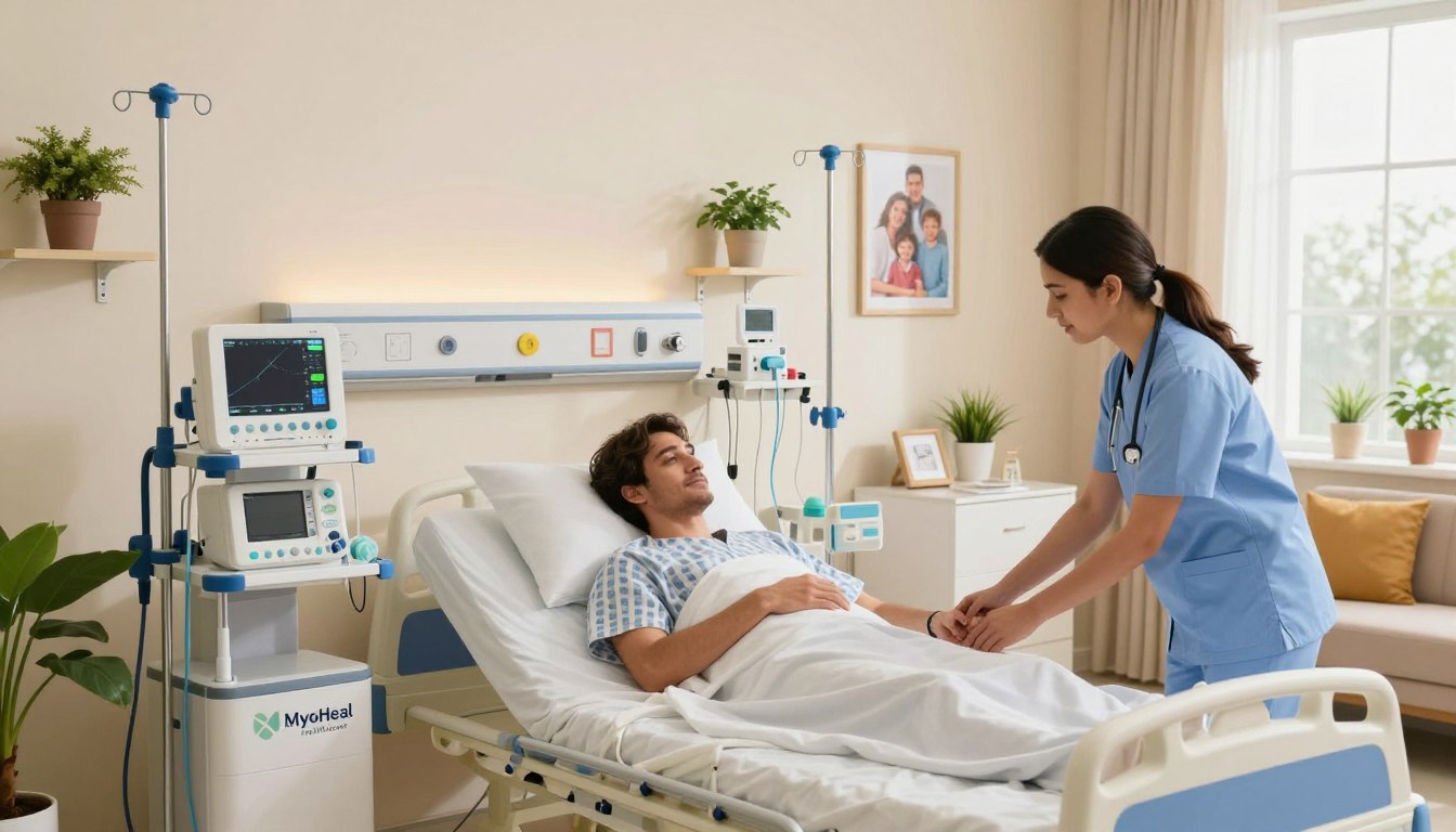 Bedridden patient care at home with nurse providing medical support